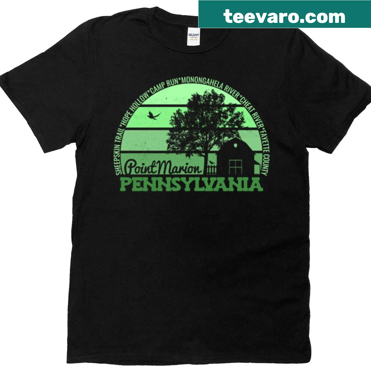 Vintage logo T-shirt featuring Point Marion, Pennsylvania sunset design — on a men's t-shirt