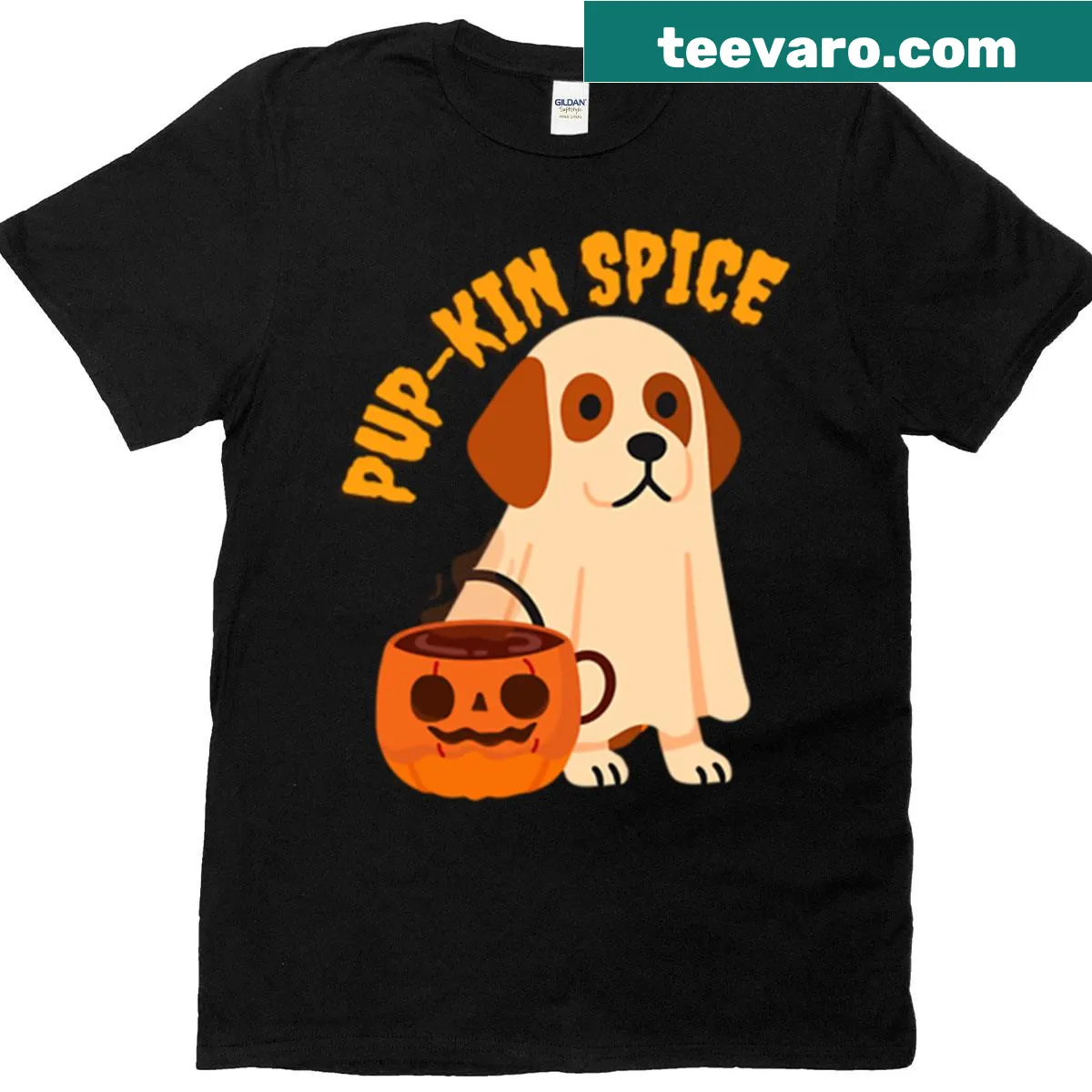 Halloween T-shirt with a ghost dog and 'Pup-kin Spice' pun — on a men's t-shirt