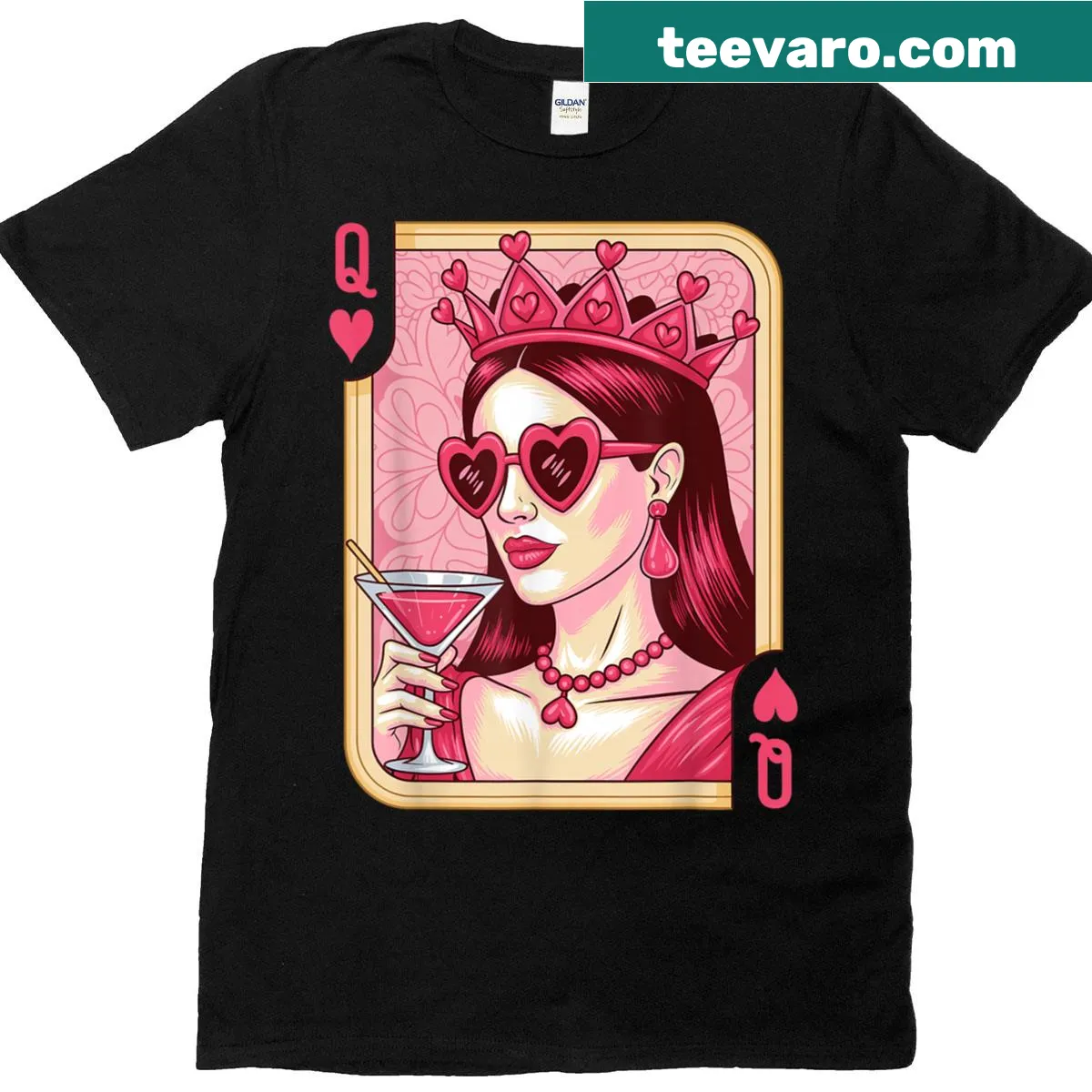 Vintage playing card t-shirt with Queen of Hearts and witch cocktail — on a men's t-shirt