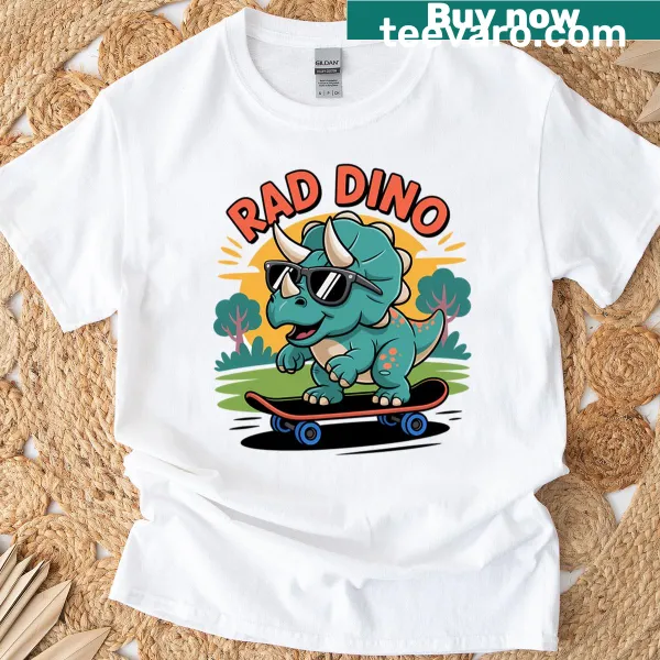 Cartoon skater triceratops graphic on an oversized kids T-shirt