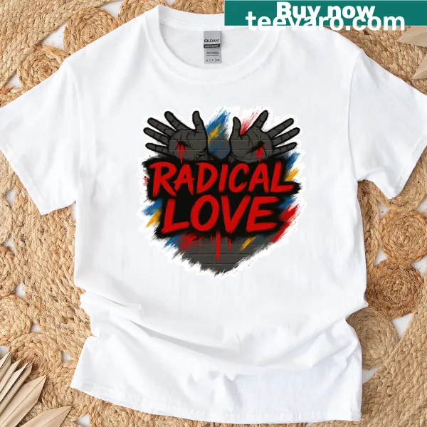 Graffiti-style T-shirt featuring nail-pierced hands and bold text