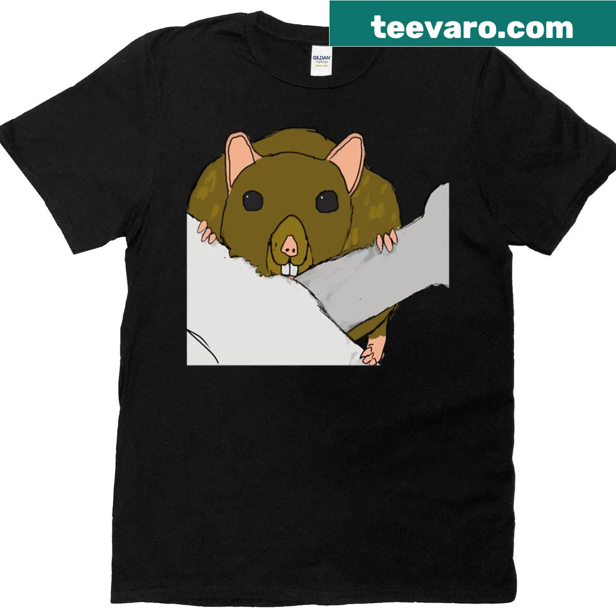 Cartoon rat chewing a bone, playful and humorous design — on a men's t-shirt