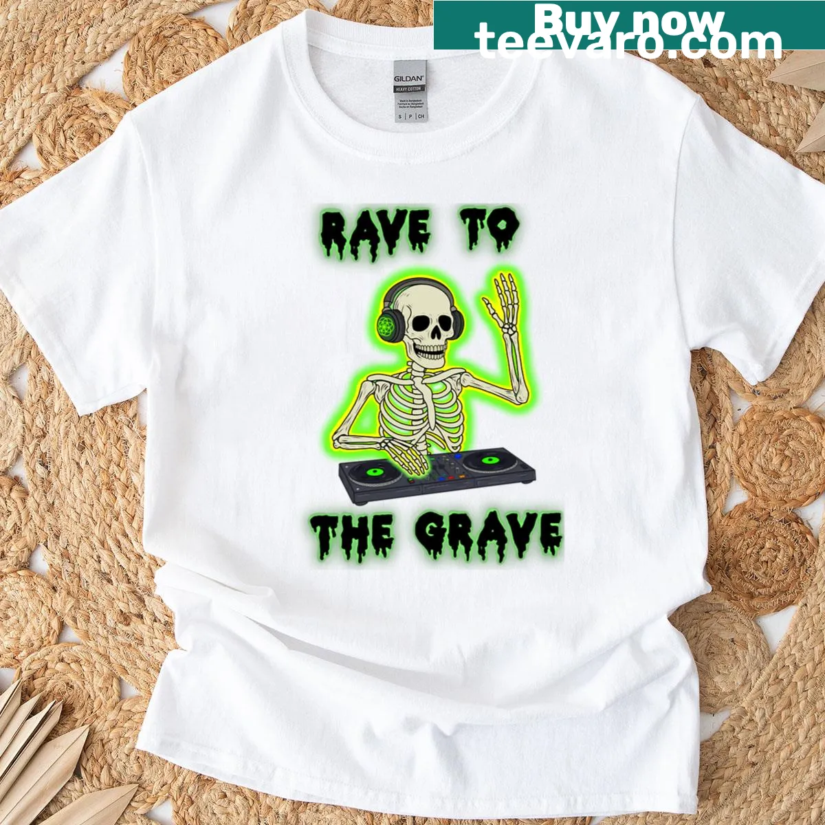 Playful t-shirt with the phrase 'Rave To The Grave' — on a men's t-shirt