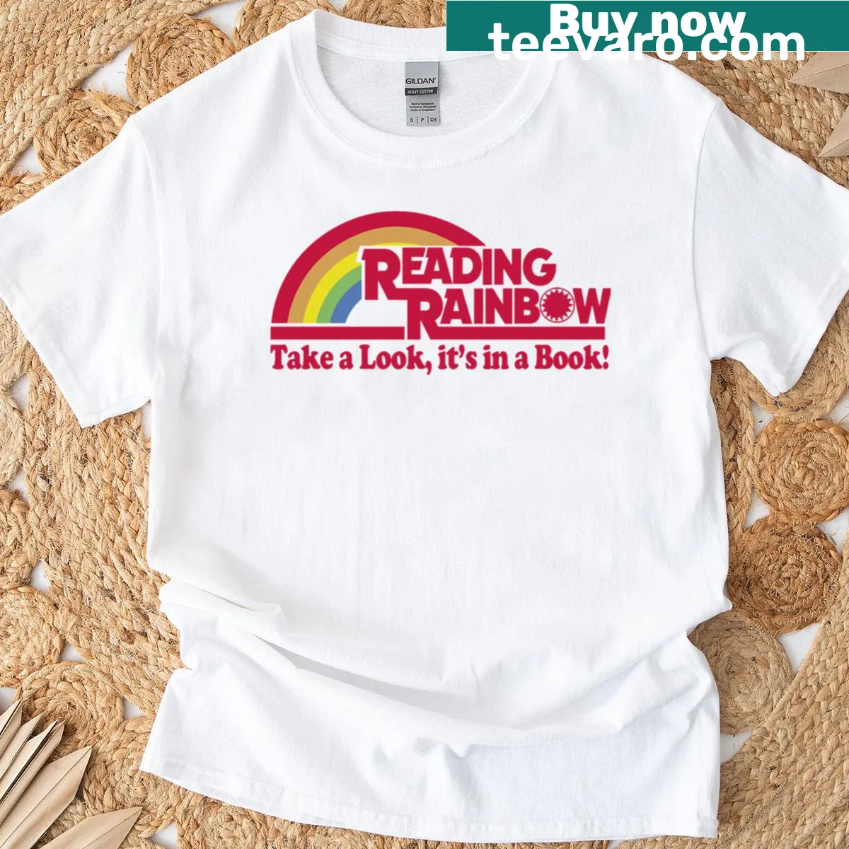 T-shirt featuring a nostalgic Reading Rainbow illustration — on a men's t-shirt
