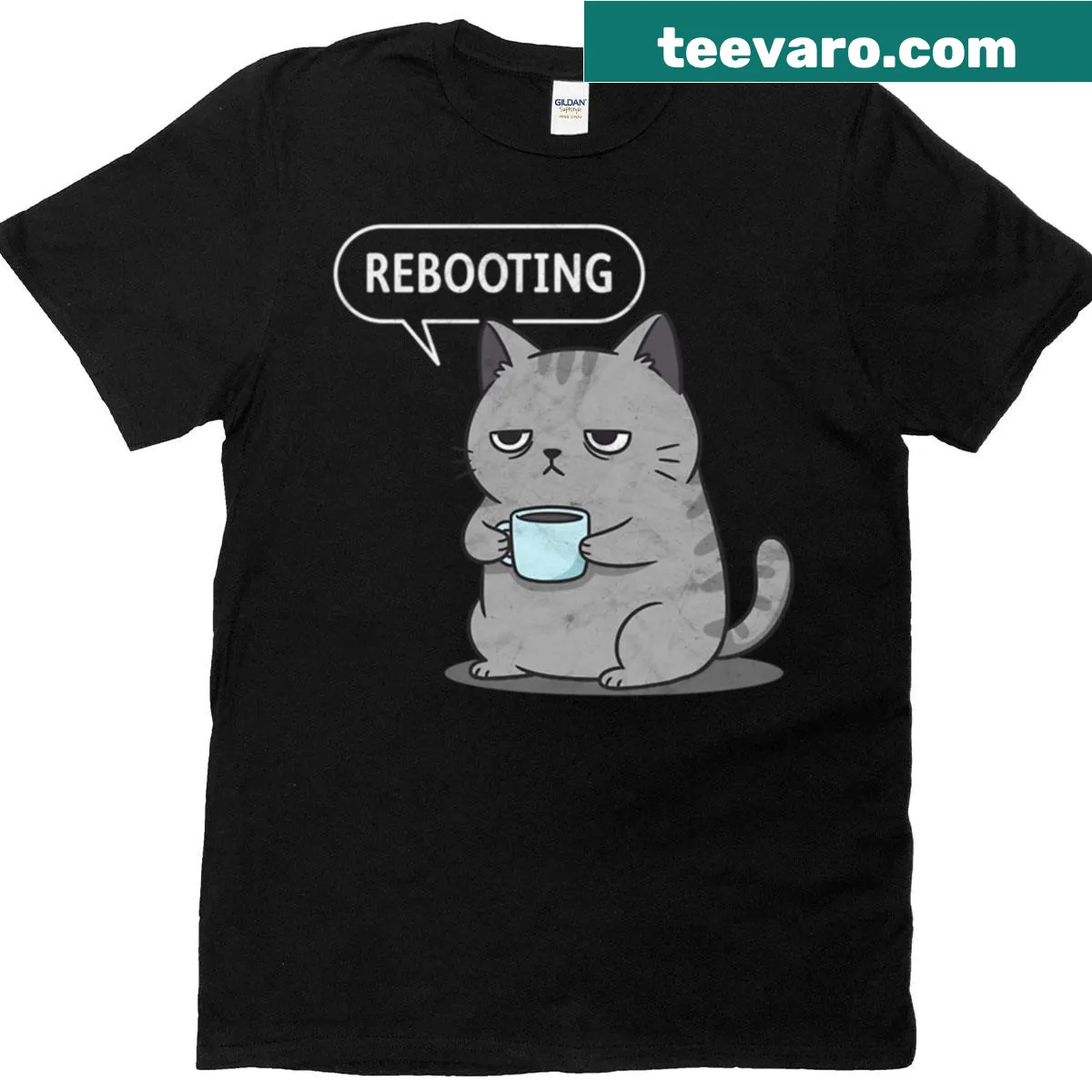 Humorous coffee-themed cat graphic T-shirt — on a men's t-shirt