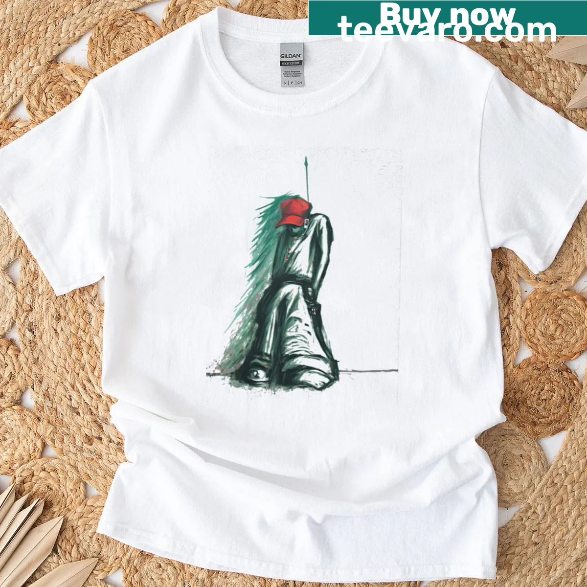 Minimal t-shirt featuring a simple red cap illustration — on a men's t-shirt
