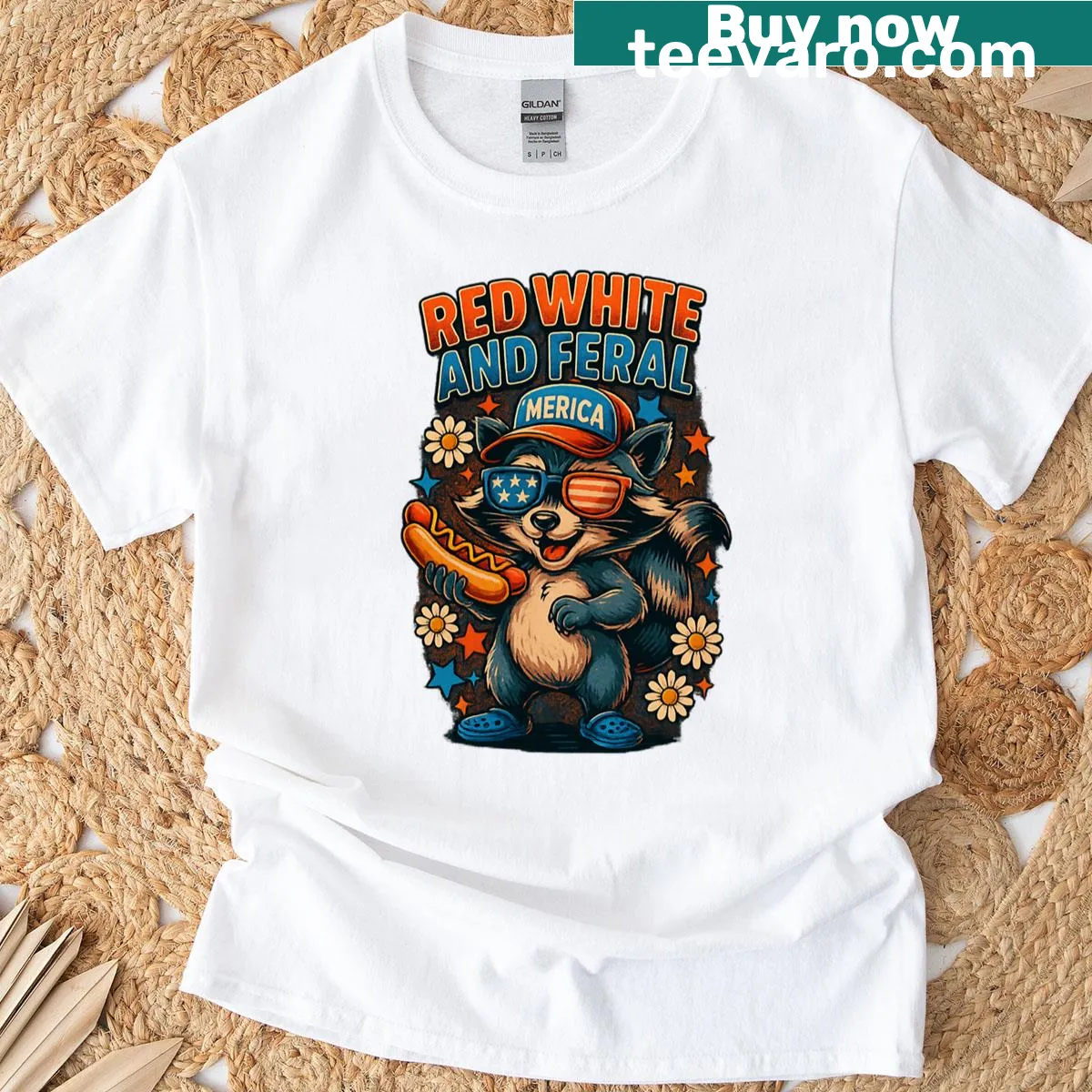 Patriotic T-shirt with bold 'Red White And Feral Merica' text — on a men's t-shirt