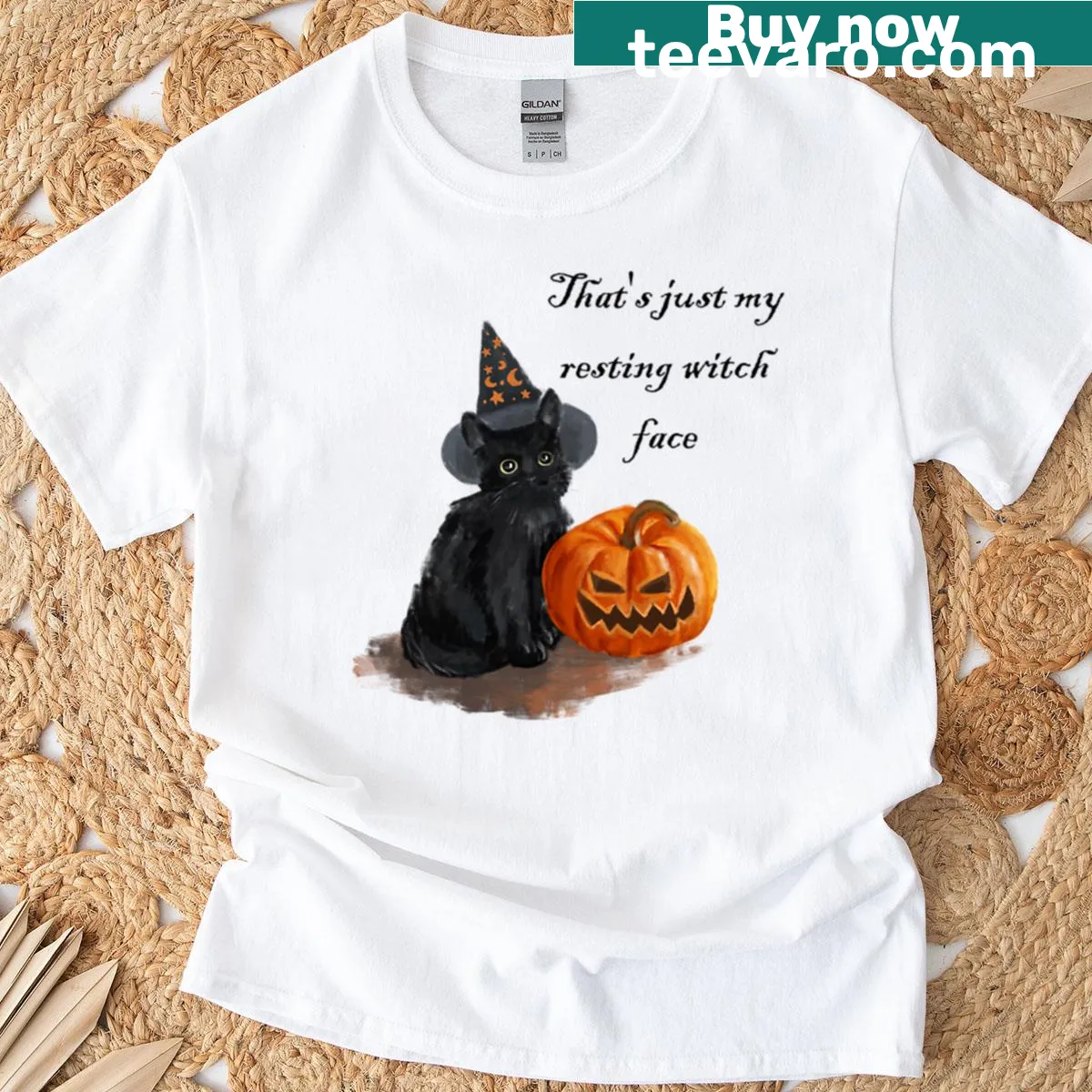 Funny graphic of a black cat with 'Resting Witch Face' on a t-shirt — on a men's t-shirt