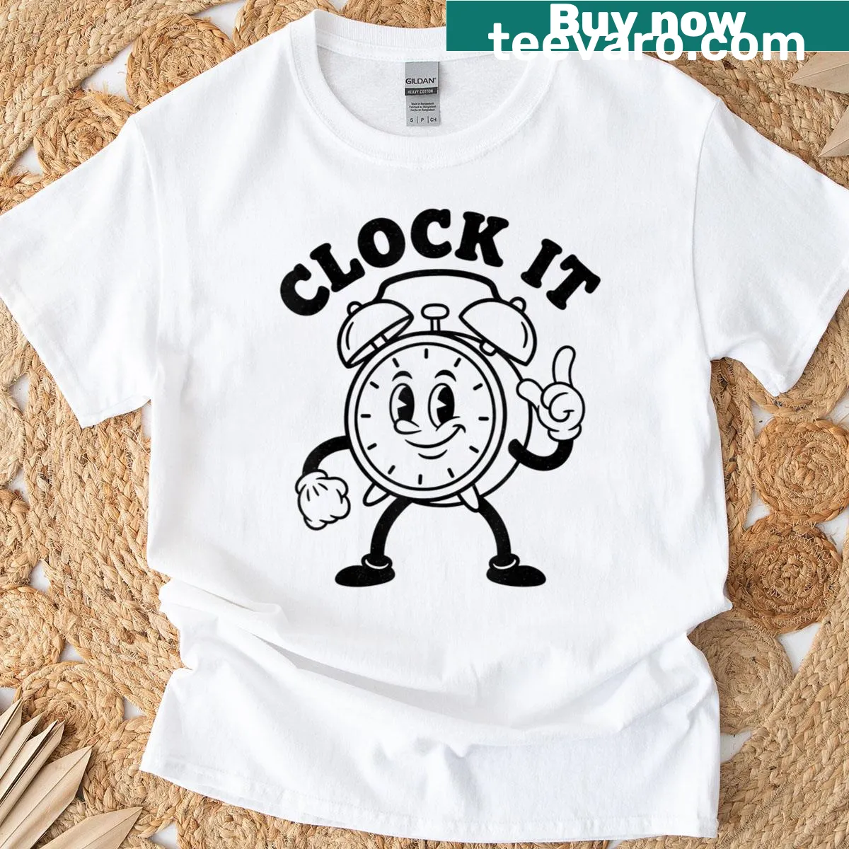 Vintage cartoon clock t-shirt inspired by 1930s animation — on a men's t-shirt