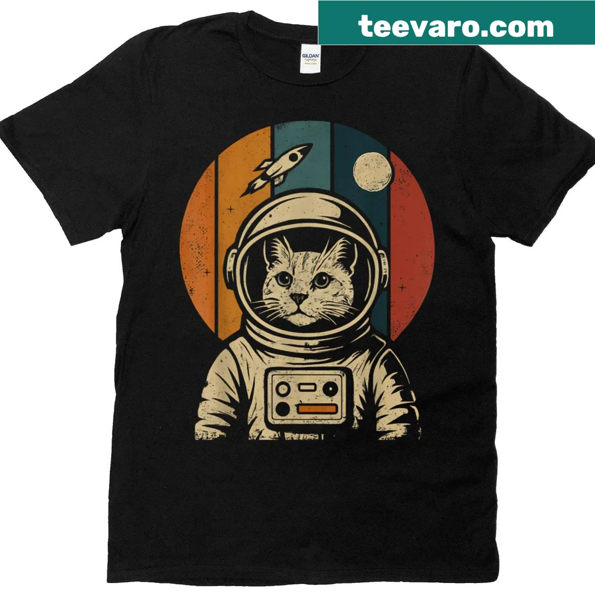 Cat in space suit surrounded by stars and galaxies design — on a men's t-shirt