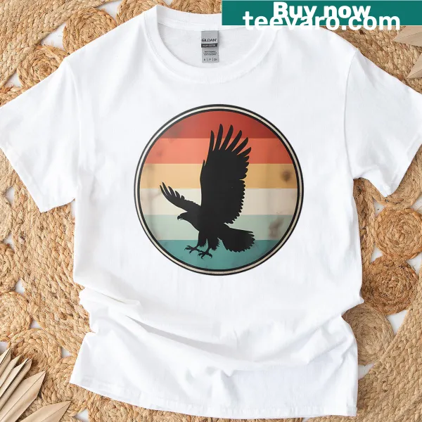 Vintage eagle silhouette t-shirt with sunset background.