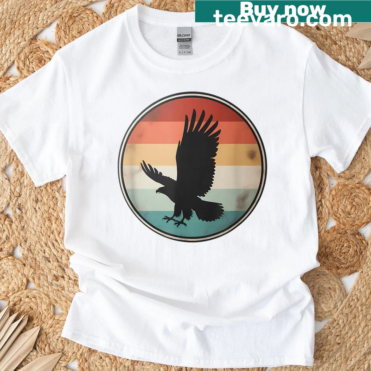 Vintage eagle silhouette t-shirt with sunset background. — on a men's t-shirt