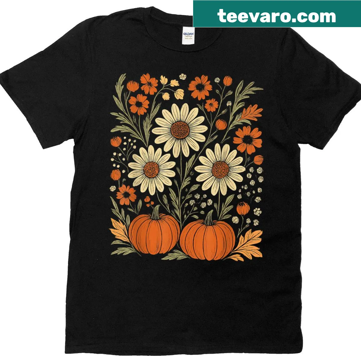 T-shirt with a whimsical pumpkin and floral graphic for fall. — on a men's t-shirt