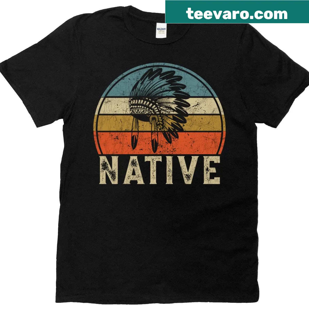 Native American headdress graphic t-shirt — on a men's t-shirt