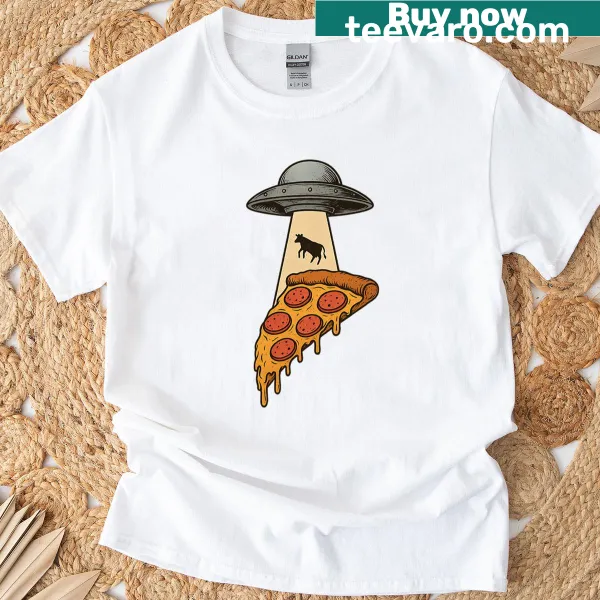 Illustration of a UFO abducting a pizza slice T-shirt