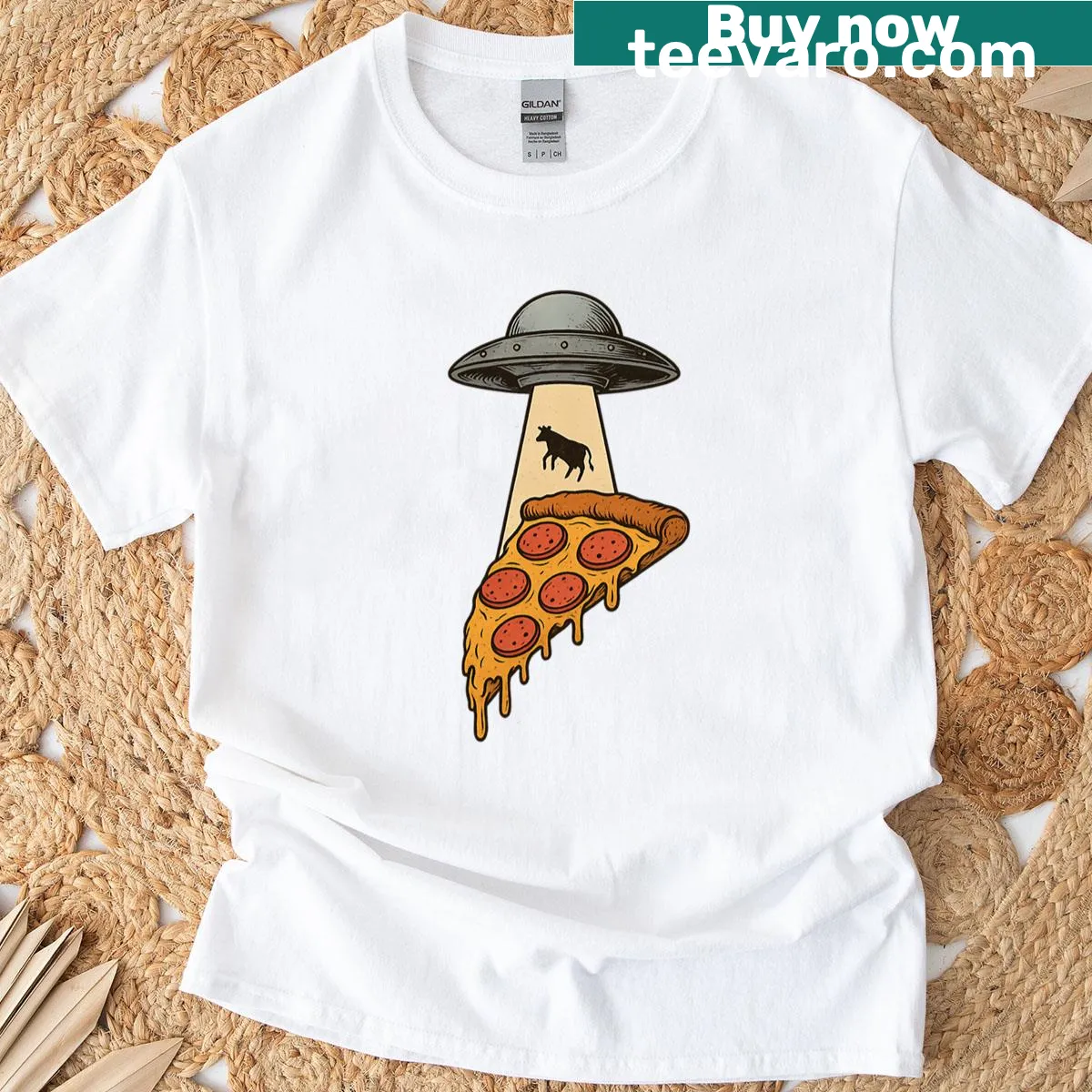 Illustration of a UFO abducting a pizza slice T-shirt — on a men's t-shirt