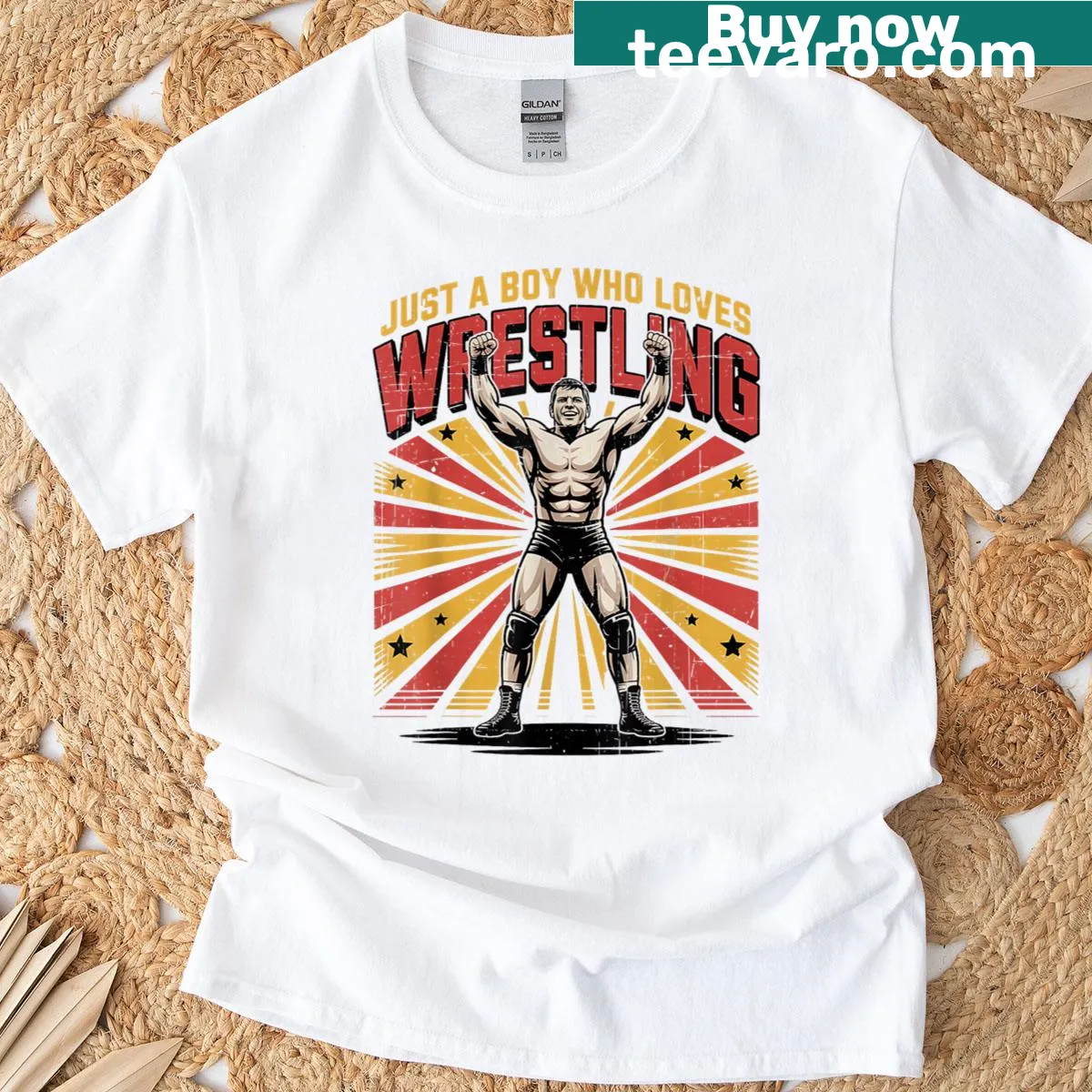 T-shirt with retro text 'Just A Boy Who Loves Wrestling' for young fans. — on a men's t-shirt