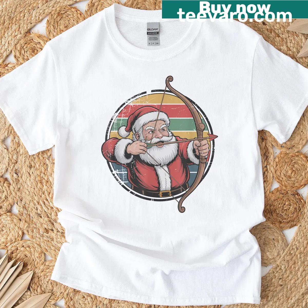 Retro Santa playing archery on a Christmas t-shirt — on a men's t-shirt