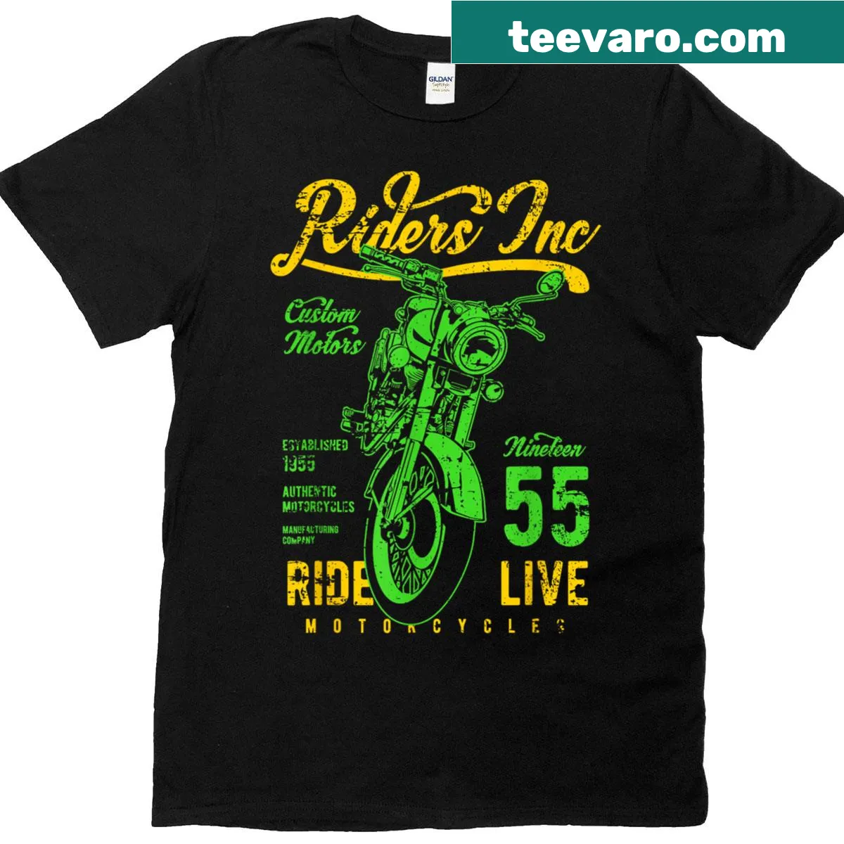 Vintage distressed design t-shirt featuring Riders Inc 1955 motorcycle theme — on a men's t-shirt