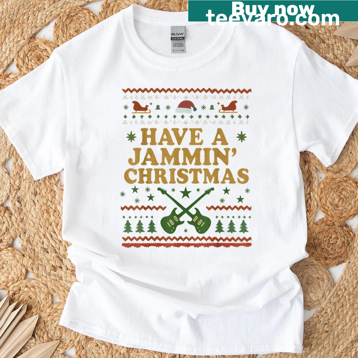 Vintage style Christmas T-shirt with rock guitar graphic — on a men's t-shirt