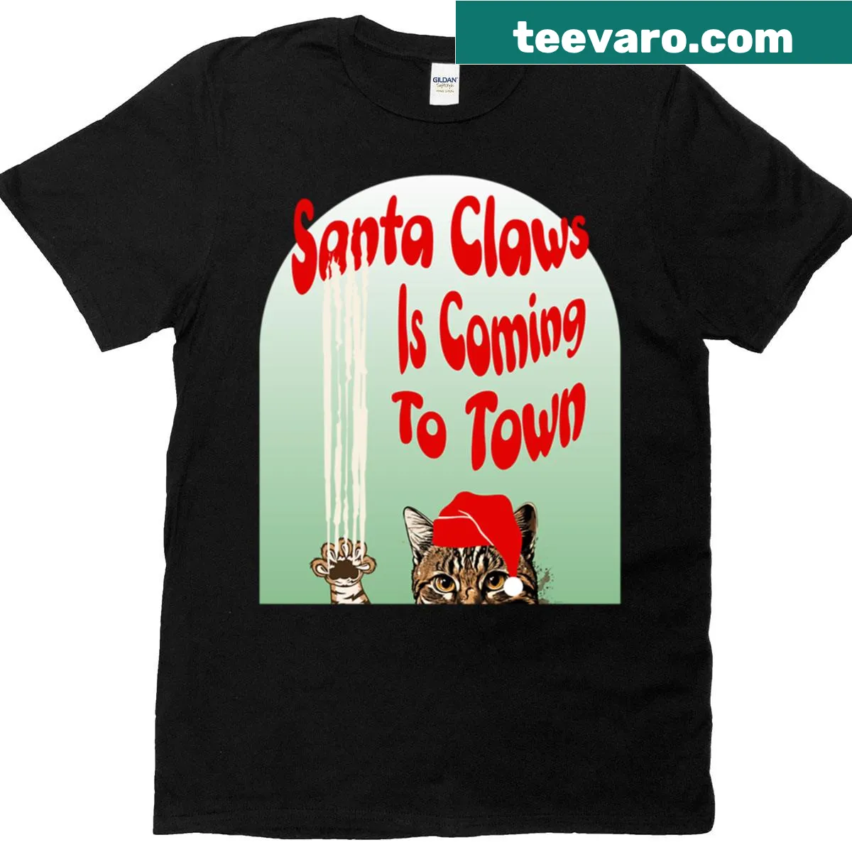 Santa Claws t-shirt featuring a cat in Santa attire. — on a men's t-shirt