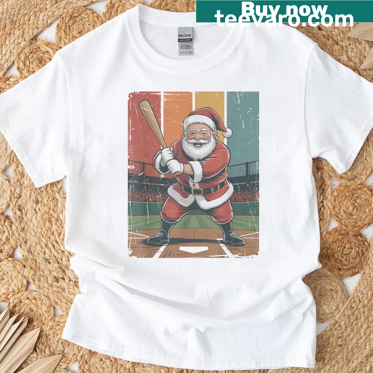Vintage T-shirt of Santa playing baseball for Christmas — on a men's t-shirt