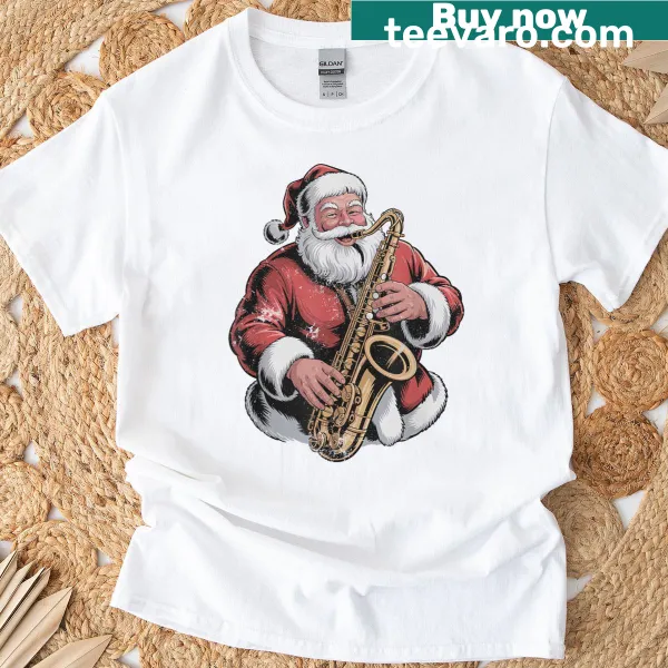 Vintage Santa saxophonist graphic on a Christmas T-shirt