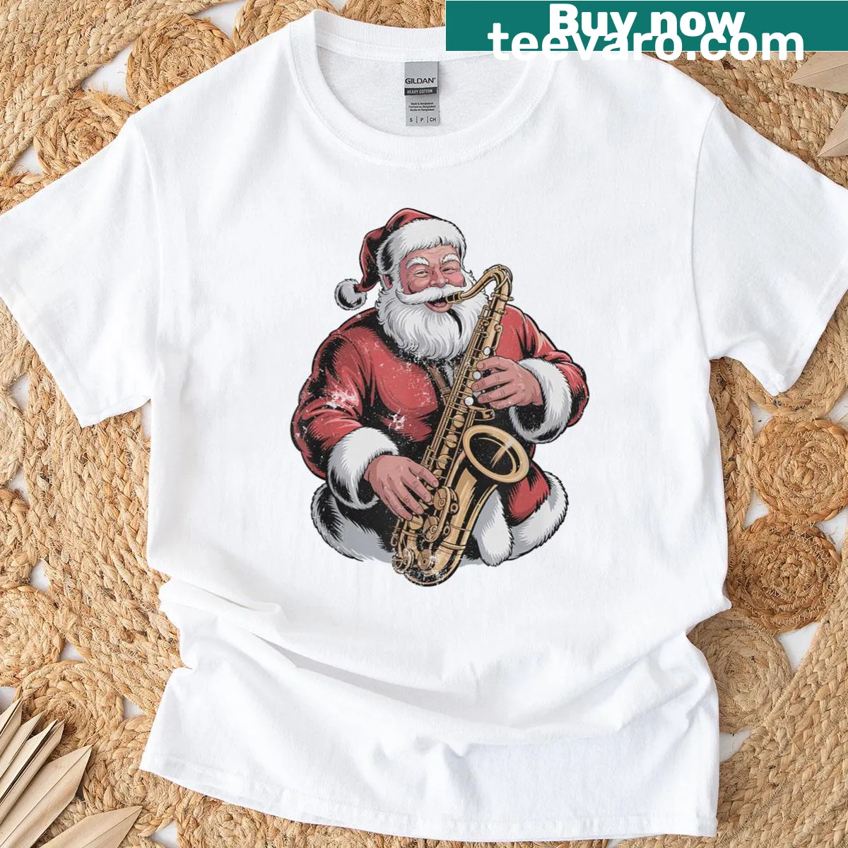 Vintage Santa saxophonist graphic on a Christmas T-shirt — on a men's t-shirt
