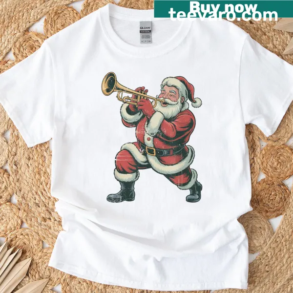 Vintage Santa playing trumpet graphic on a Christmas t-shirt