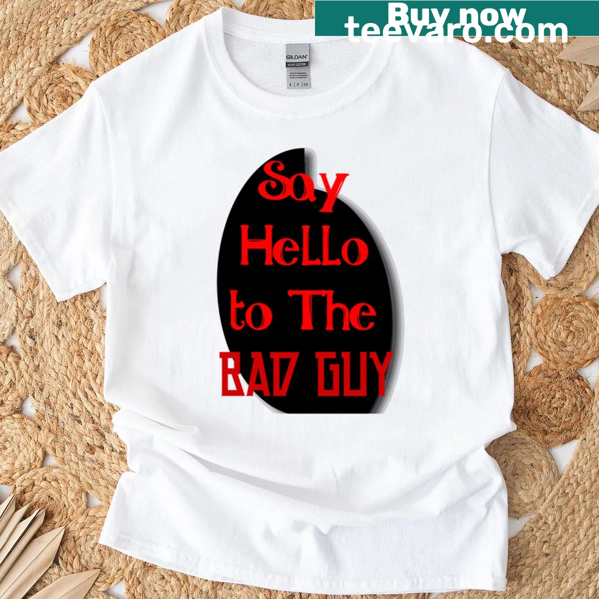 Boxy T-shirt with 'Say Hello To Bad Guy' text design — on a men's t-shirt