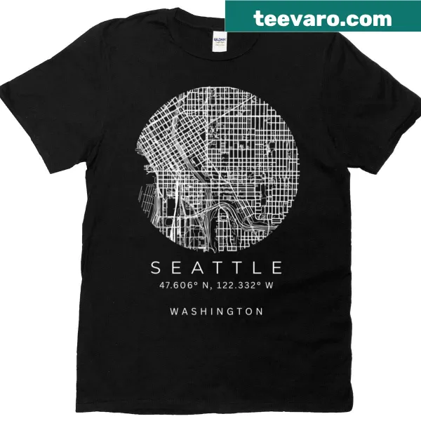 Minimalist T-shirt featuring a map of Seattle with iconic landmarks