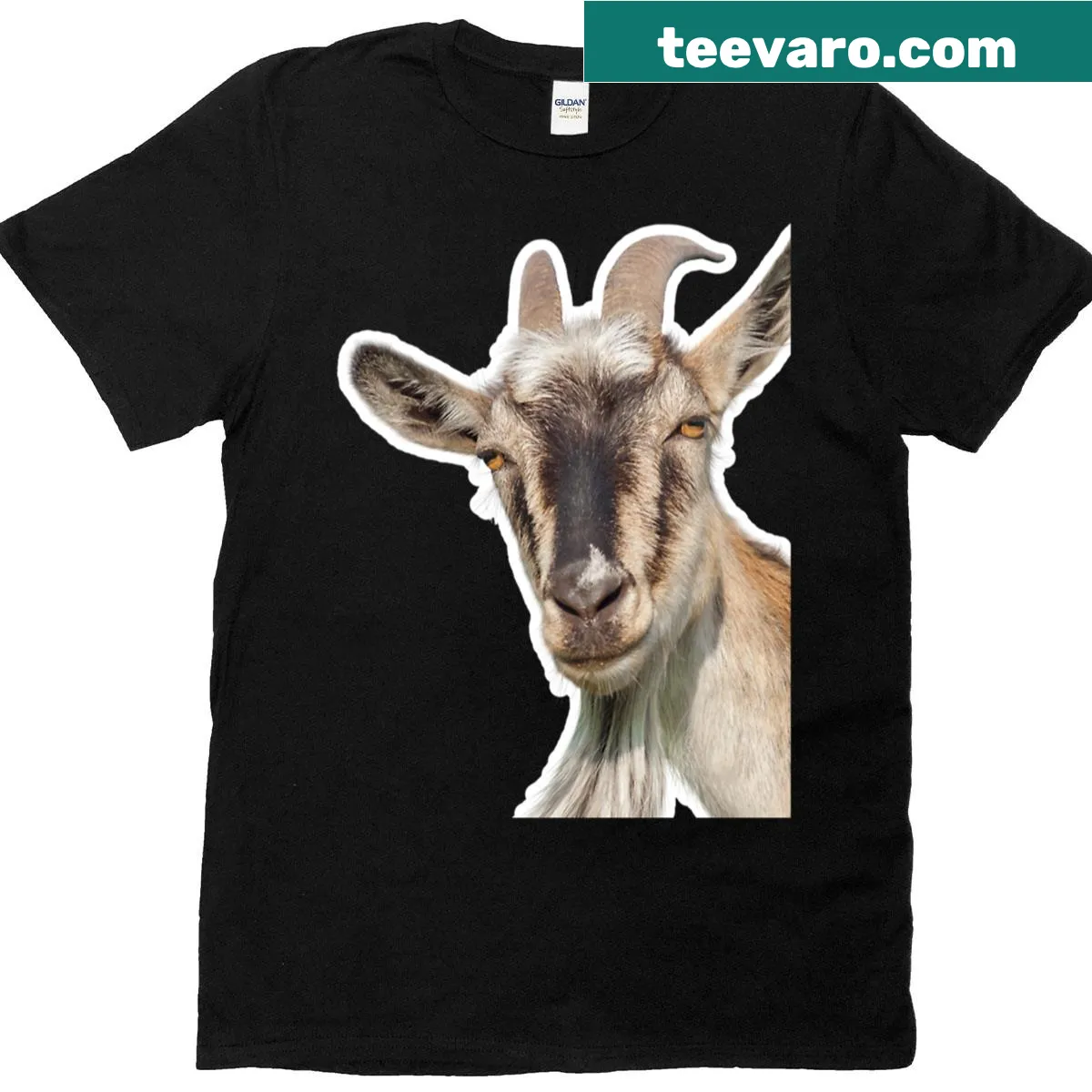 Illustration of a serious goat face with a judgy expression — on a men's t-shirt