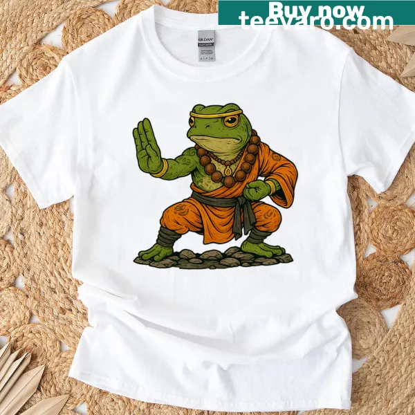 Serene warrior frog graphic in a martial arts pose