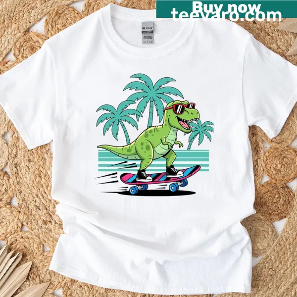 Illustrative T-shirt featuring a skateboarding T-rex