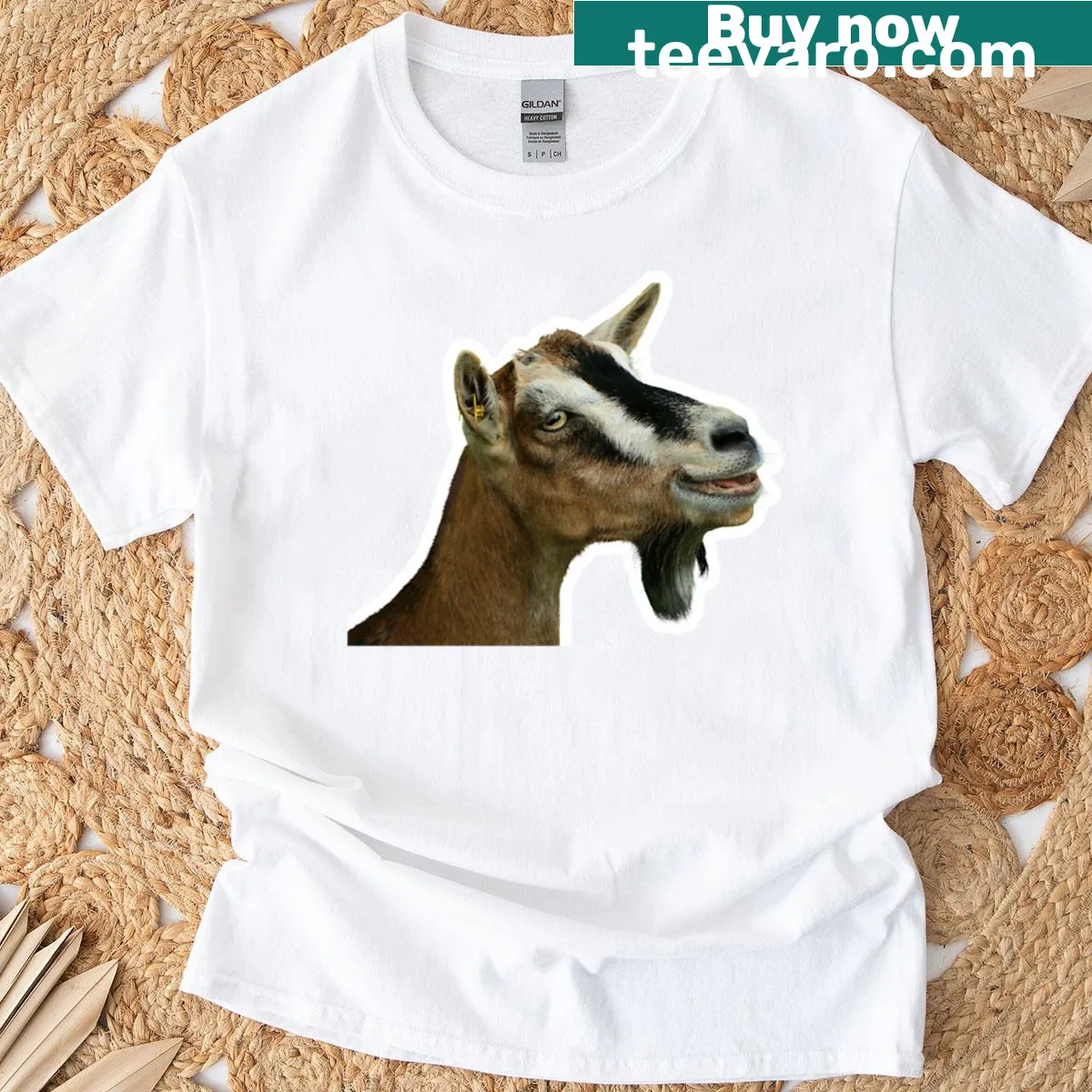 Illustration of a smirking goat with a sassy expression on a t-shirt — on a men's t-shirt