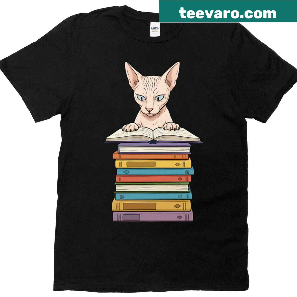 Funny t-shirt featuring a Sphynx cat reading on a pile of books — on a men's t-shirt