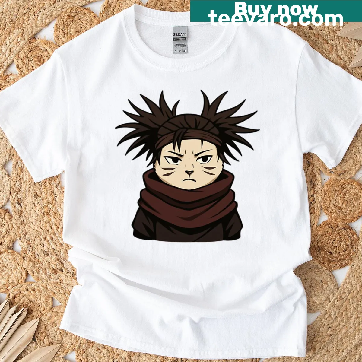 Illustration of a spiky-haired cat with a cursed look on a t-shirt — on a men's t-shirt