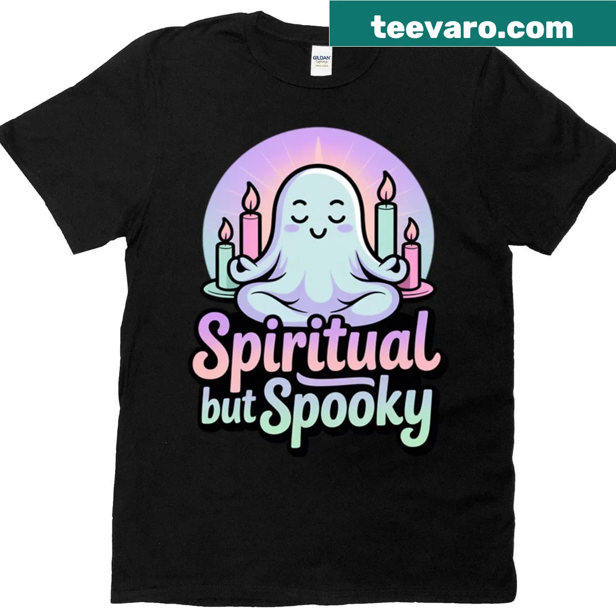 T-shirt depicting a meditating ghost in a Halloween theme — on a men's t-shirt