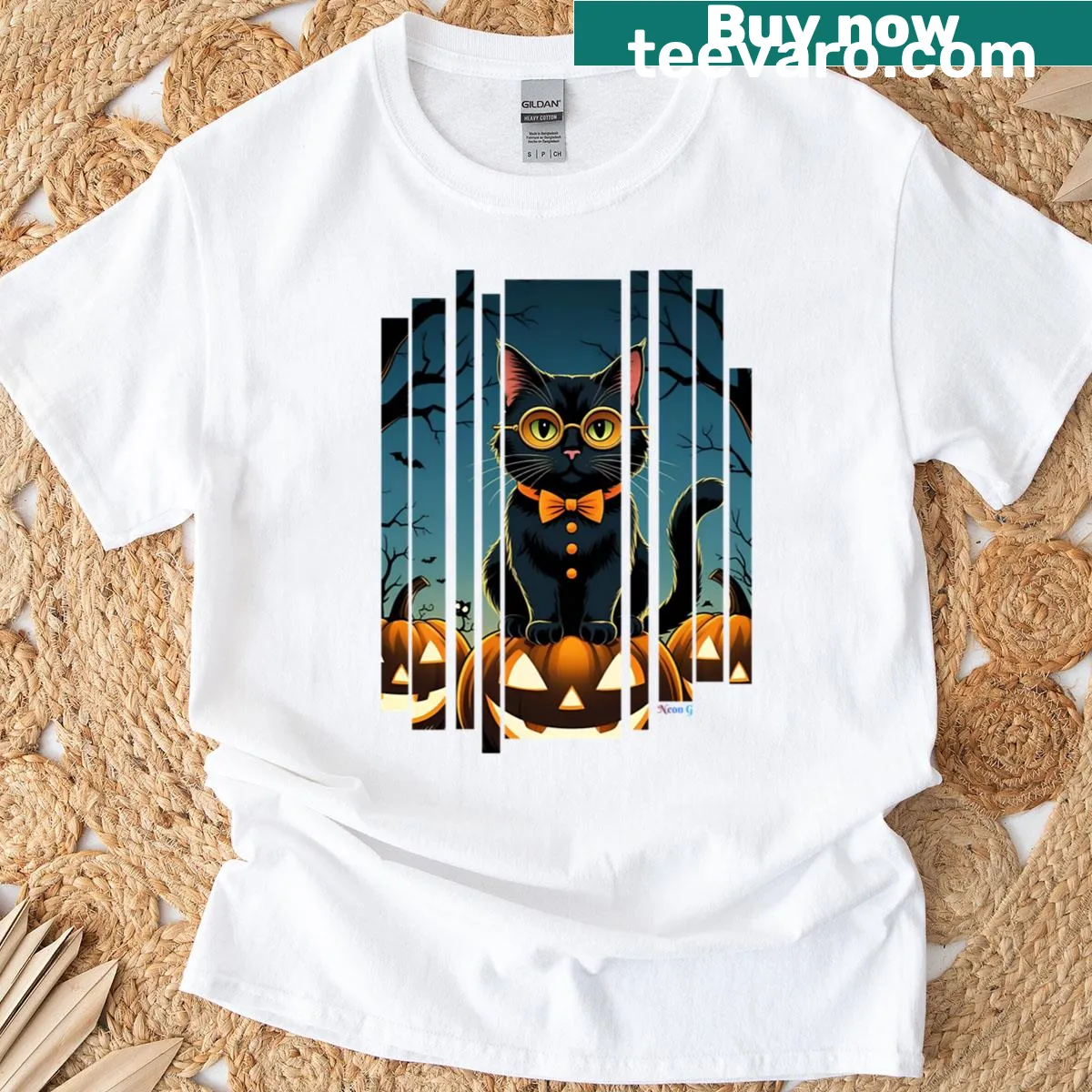 Illustration of a black cat with glasses on a jack-o-lantern — on a men's t-shirt
