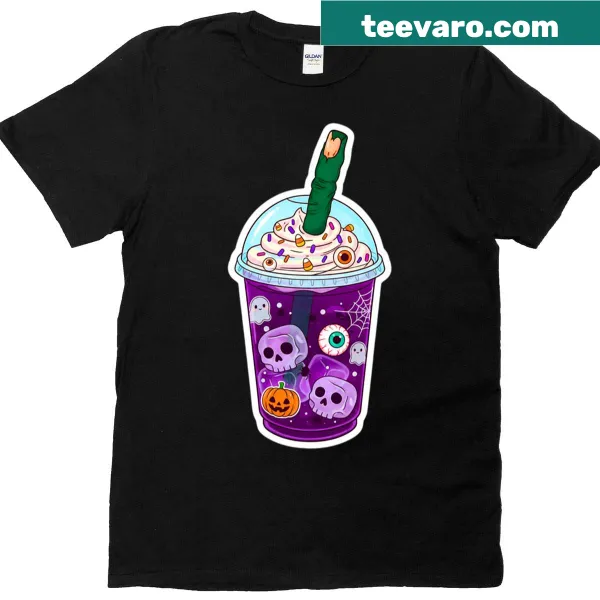 Kawaii iced tea cup with zombie fingers and pumpkins in a Halloween design