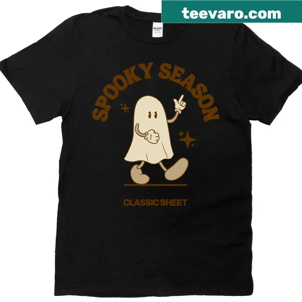 Funny Halloween graphic T-shirt featuring a playful sheet ghost