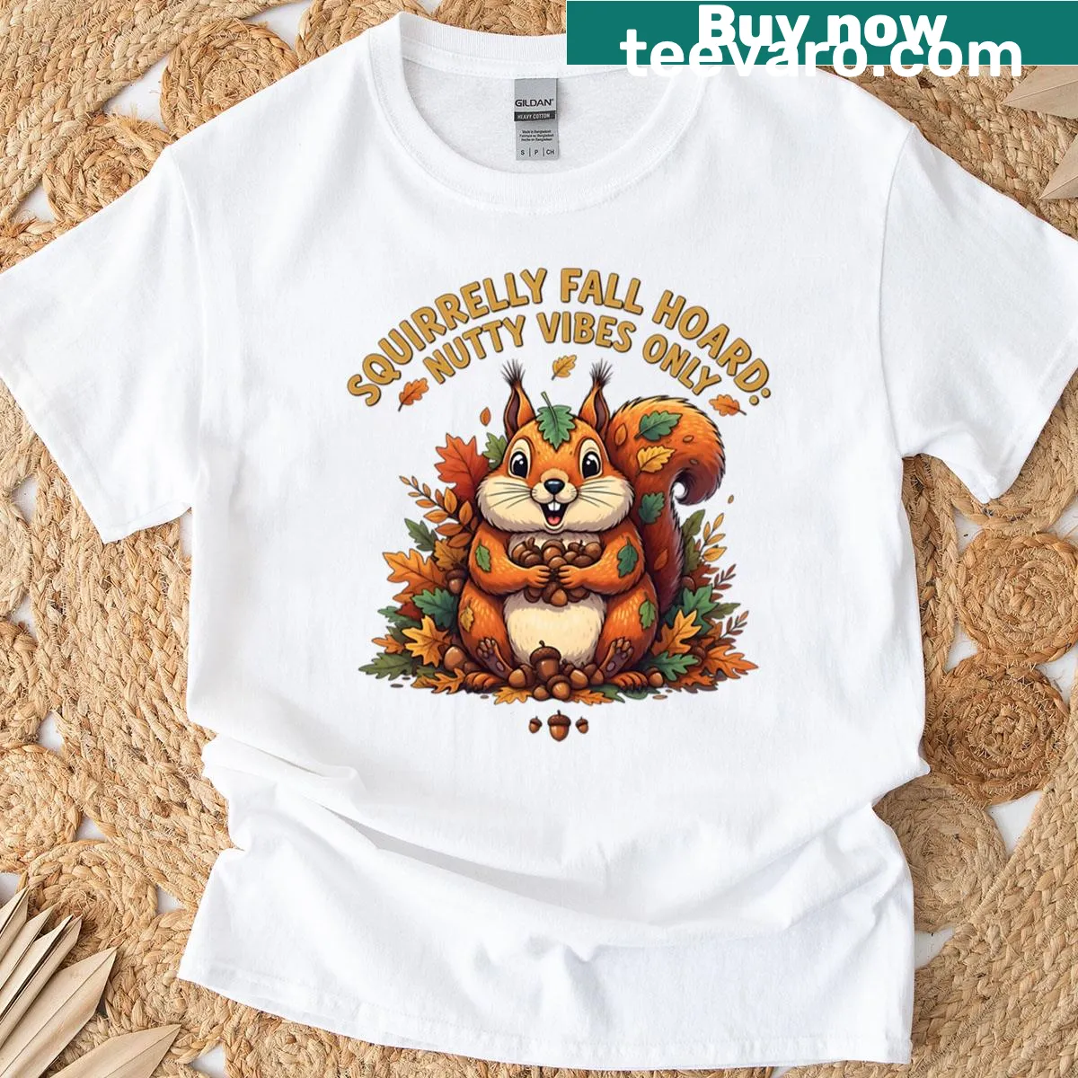 Illustrated t-shirt featuring a squirrel collecting nuts, embodying fall vibes — on a men's t-shirt