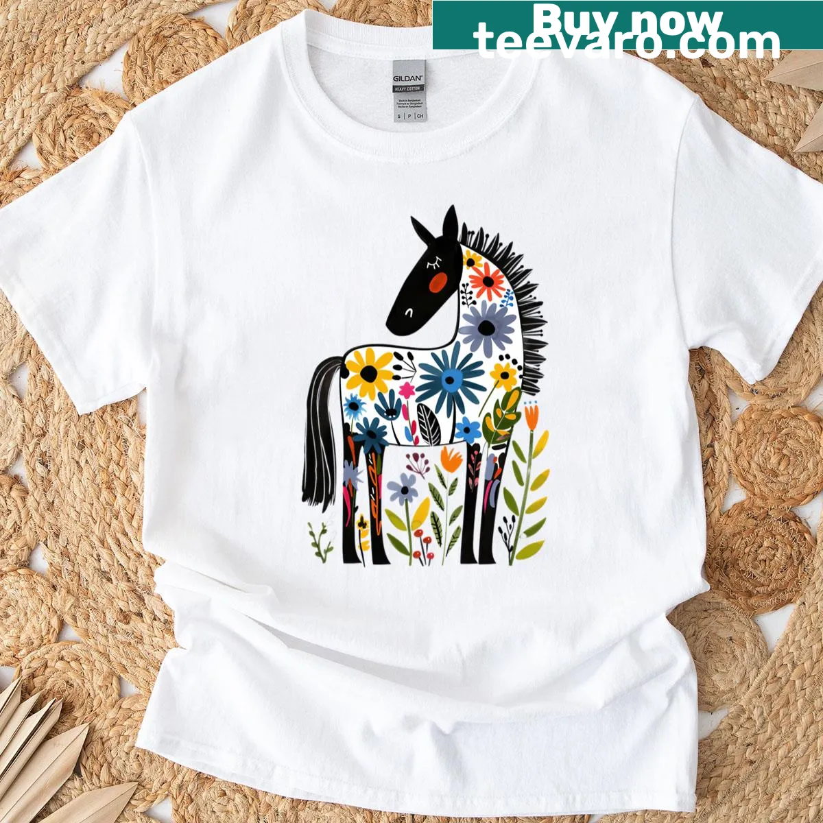 Abstract design of a horse with flowers on a T-shirt — on a men's t-shirt