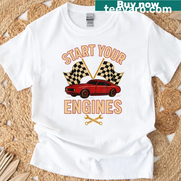 Vintage race car flag graphic on a mechanics t-shirt