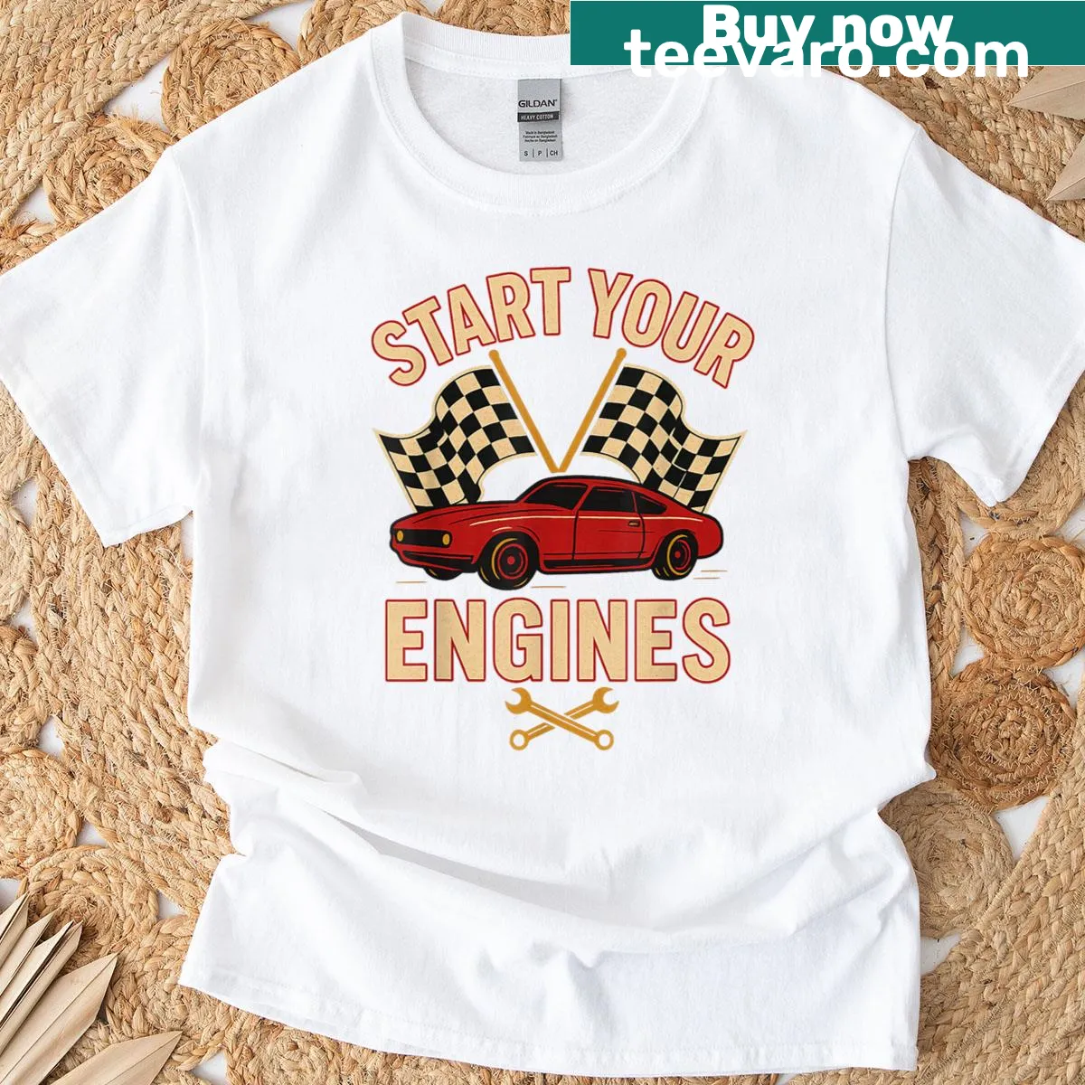 Vintage race car flag graphic on a mechanics t-shirt — on a men's t-shirt