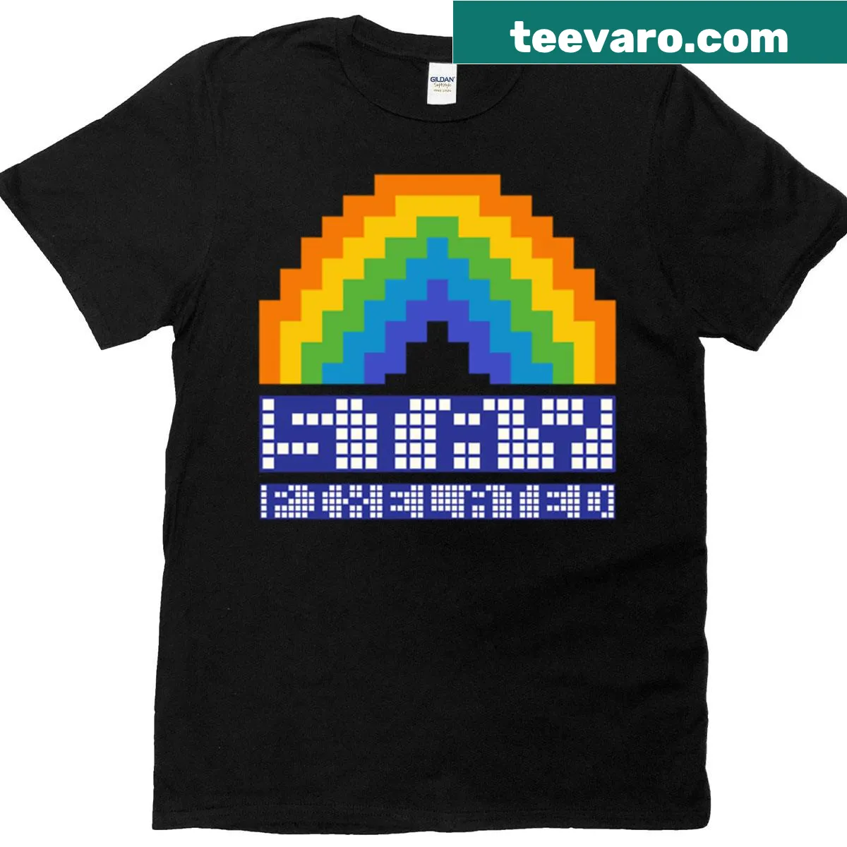 Retro pixelated rainbow design on a T-shirt — on a men's t-shirt