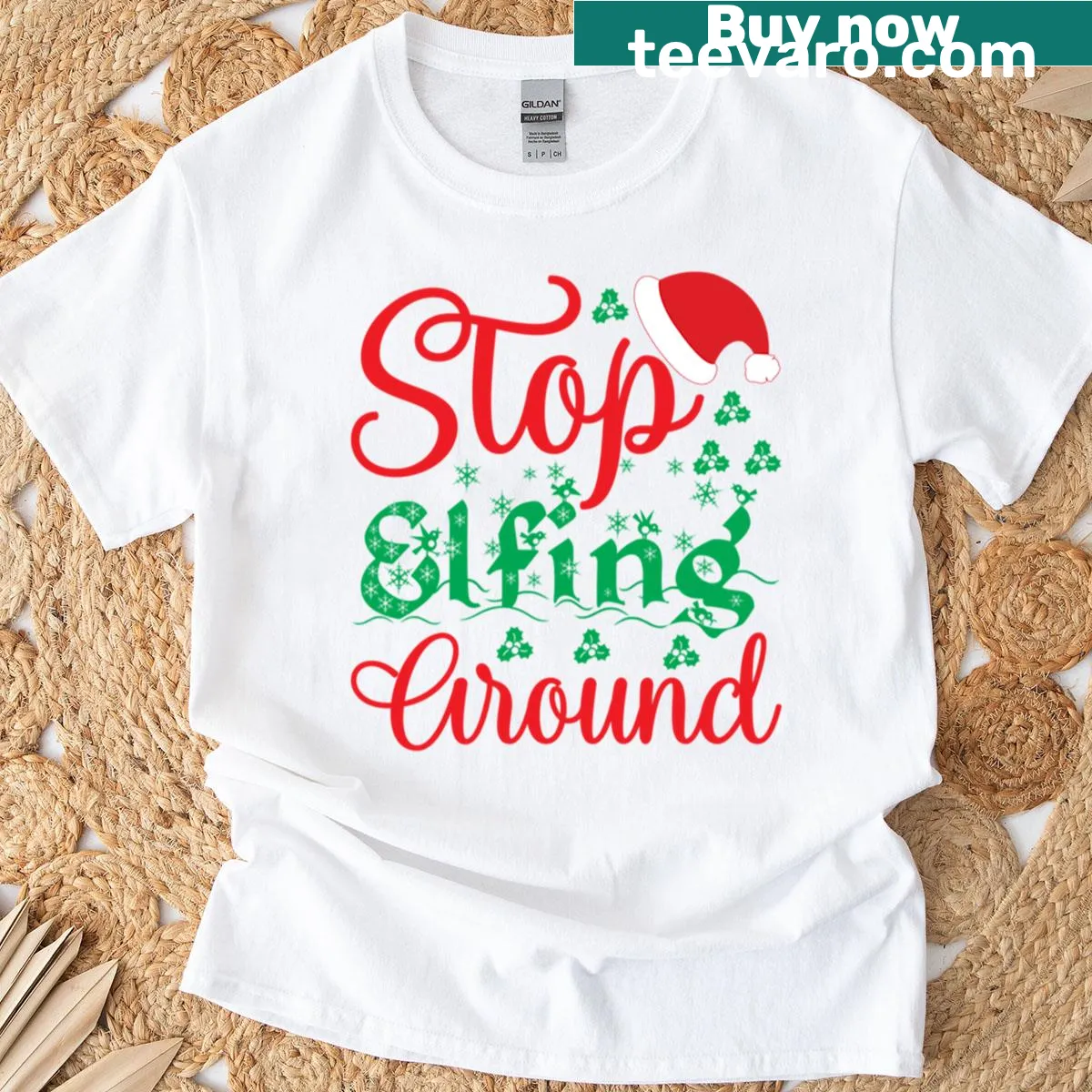 Funny 'Stop Elfing Around' text with Santa hat on a T-shirt — on a men's t-shirt
