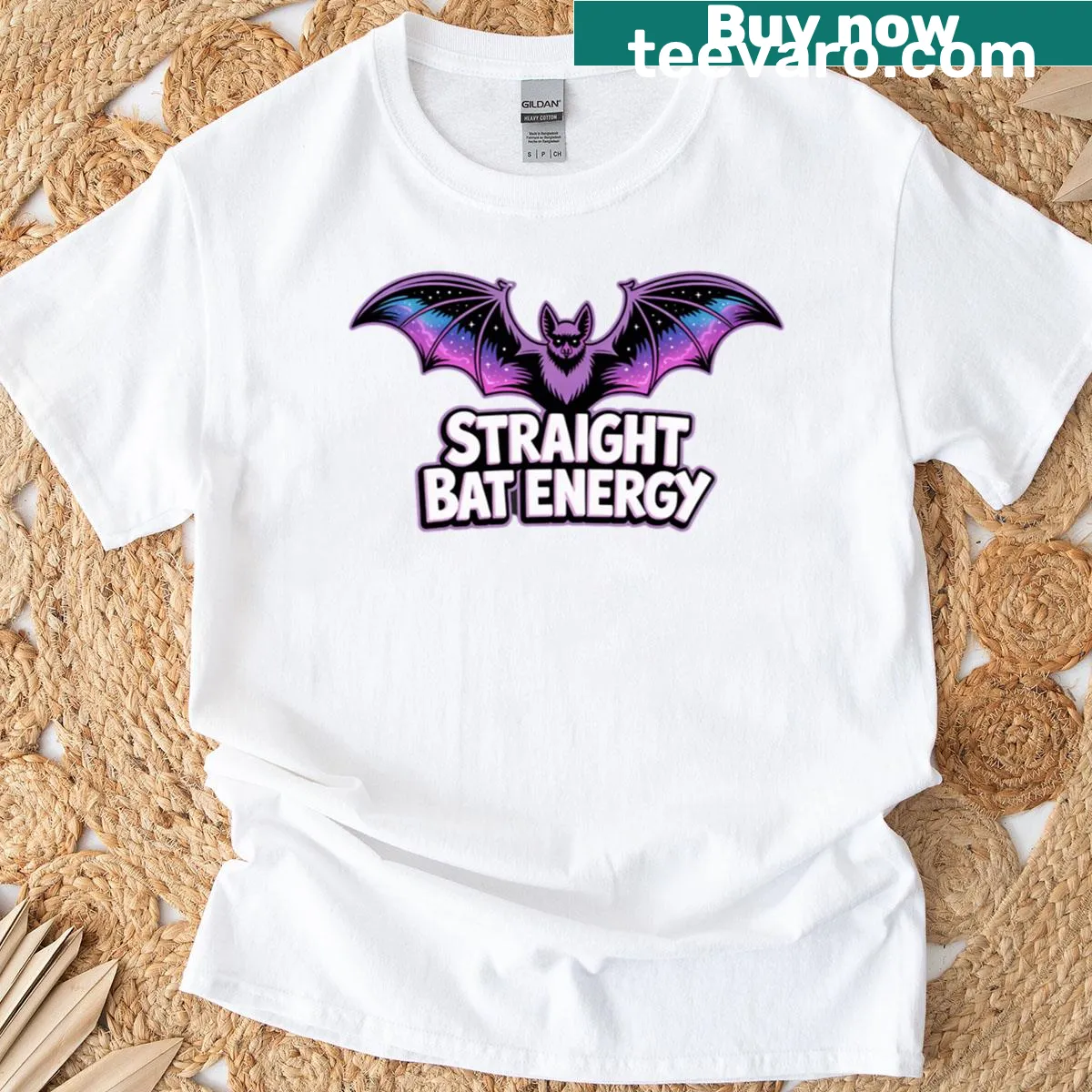 Graphic of a bat with cosmic elements for Halloween on a t-shirt — on a men's t-shirt