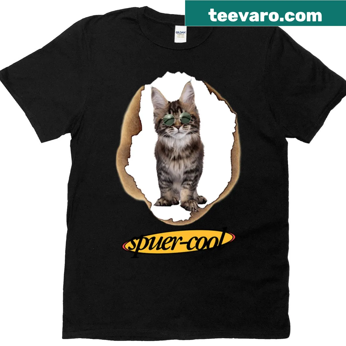 Illustrated cat wearing sunglasses in a retro style on t-shirt — on a men's t-shirt