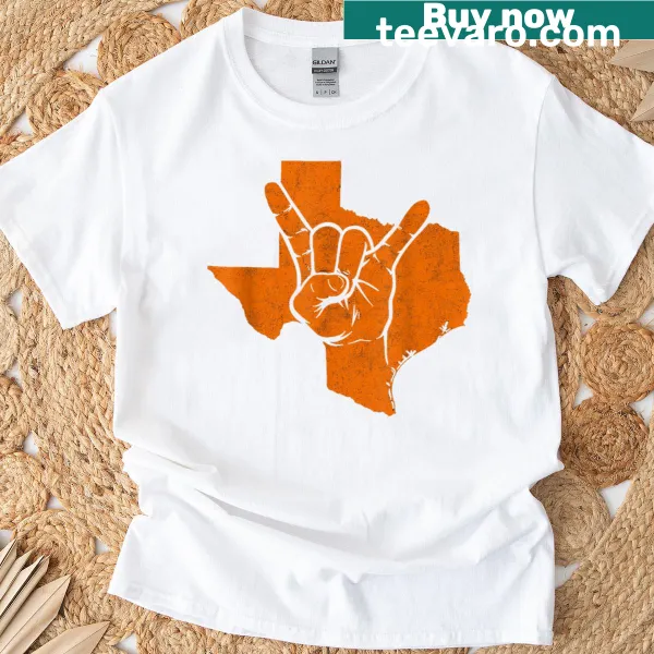 Distressed Texas pride shirt featuring 'Hook Em' graphic.